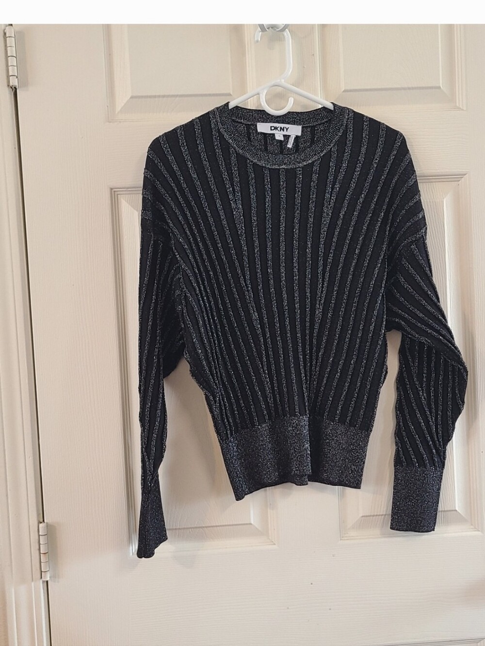 DKNY Black Metallic Ribbed Crewneck Sweater